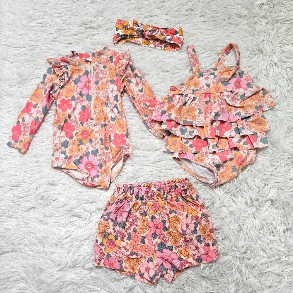 Cotton On Baby Girl's Multicolor Floral Ruffle Swimsuit Bundle Sz 3-6 Mo
